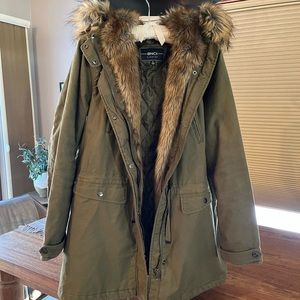 BNCI by Blanc Noir Army Green Field Coat with Faux Fur Hood